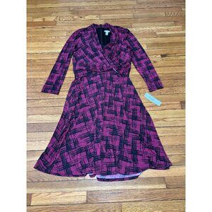 London Times Womens Dress Size 16 Purple Black Midi Long Sleeve Fit Flare NWT